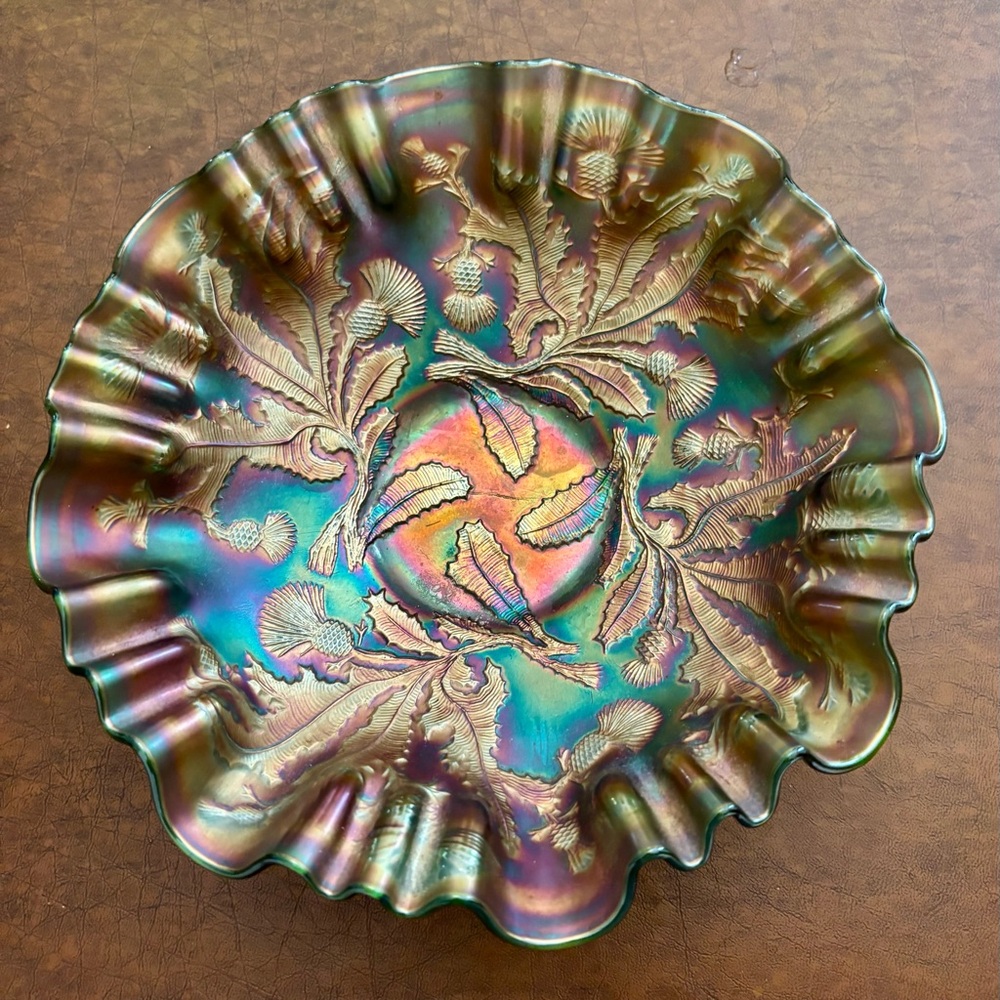Antique Fenton carnival glass Iridescent Bowl. Rare Thistle pattern